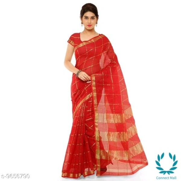  Kota Doria Cotton Zari Stripes Checks saree with Unstitched Blouse piece - Saree Length Size:5.5m Blouse  Length  Size:0.8, Red, Saree And Blouse Fabric:Cotton Blend, Pack of :1